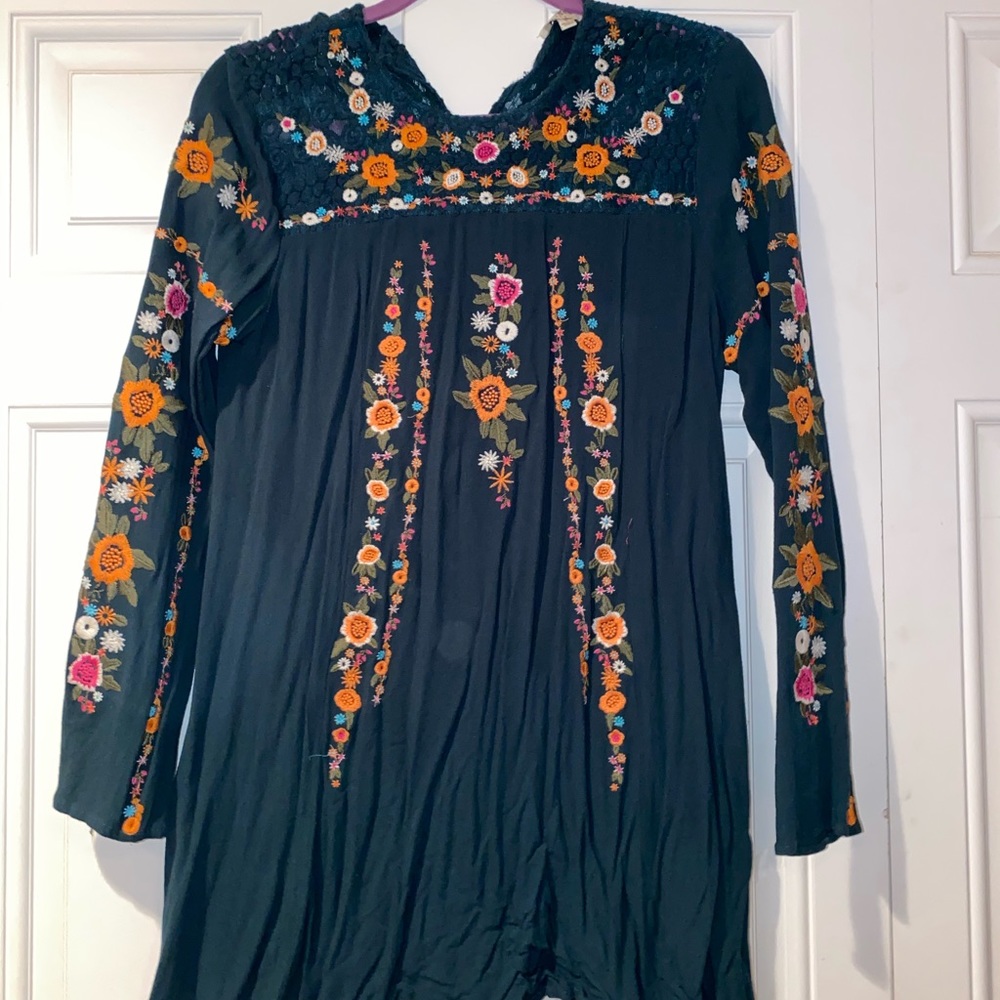 Adorable Floral Embroidered Blue Shift Dress
